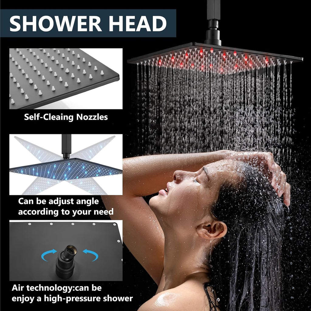Aolemi Ceiling Mount Shower Faucet Set with Handheld Spray High Pressure Shower Faucets Sets Complete Rough-in Valve and Shower Trim Kit System Included Rainfall Matte Black 16 Inch LED Shower Head