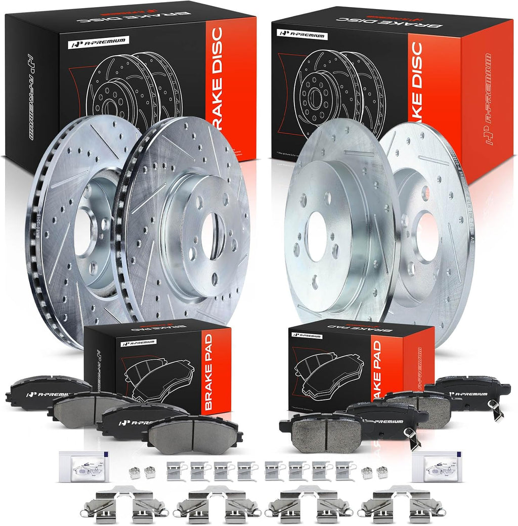 A-Premium Front and Rear Drilled and Slotted Disc Brake Rotors + Ceramic Pads Kit Compatible with Select Pontiac and Toyota Models - Vibe 2009-2010, Corolla 2009-2019, Matrix 2009-2014, 12-PC Set