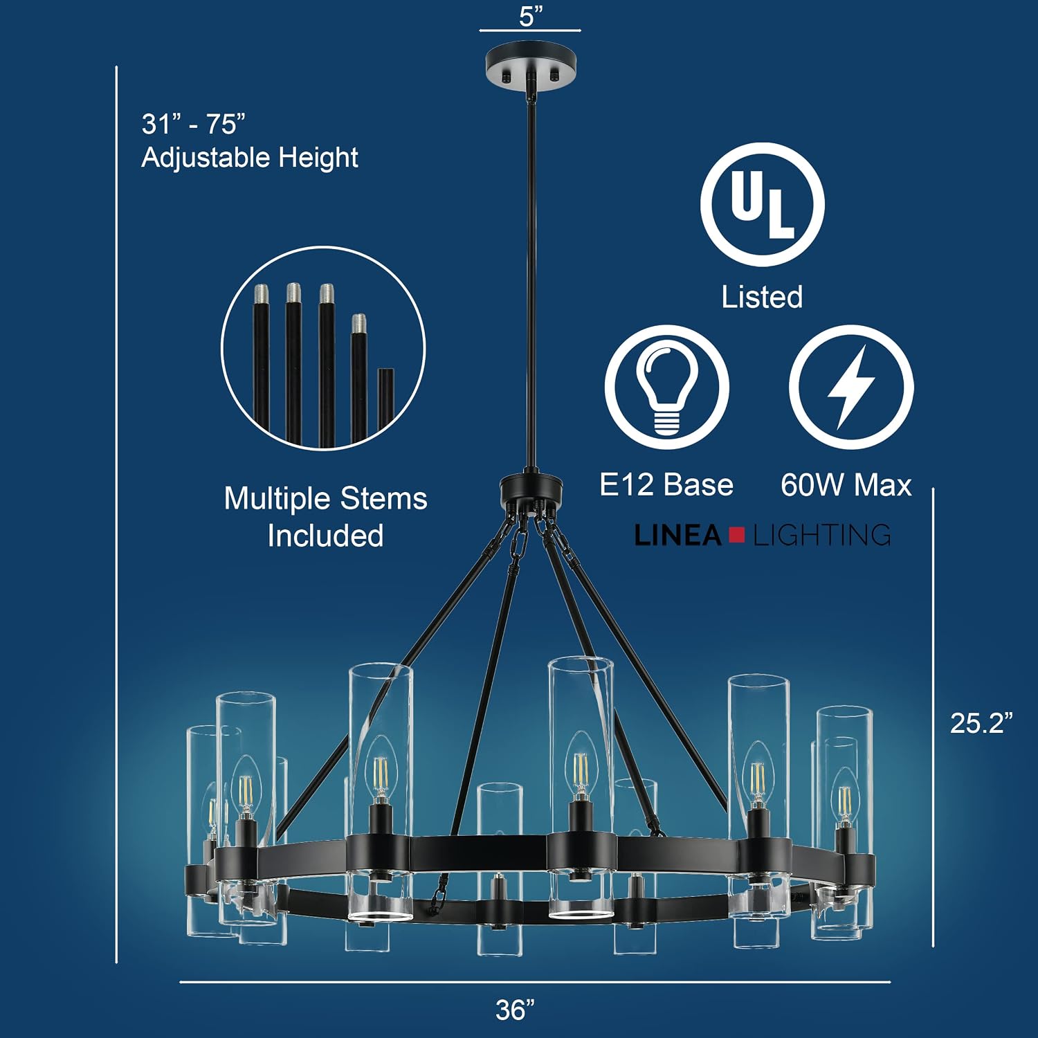 Linea di Liara Teramo Matte Black Chandelier Dining Room Light Fixture Large Wagon Wheel Chandelier Round Industrial Modern Farmhouse Chandeliers for Dining Room Foyer, Clear Glass, UL Listed