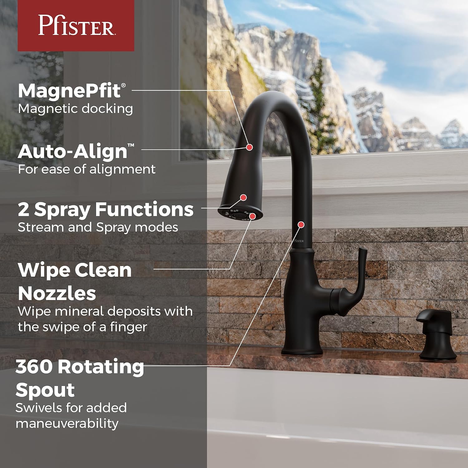 Pfister Rosslyn Kitchen Faucet with Pull Down Sprayer and Soap Dispenser, Single Handle, High Arc, NSF Certified, Matte Black Finish, F5297RSSRB
