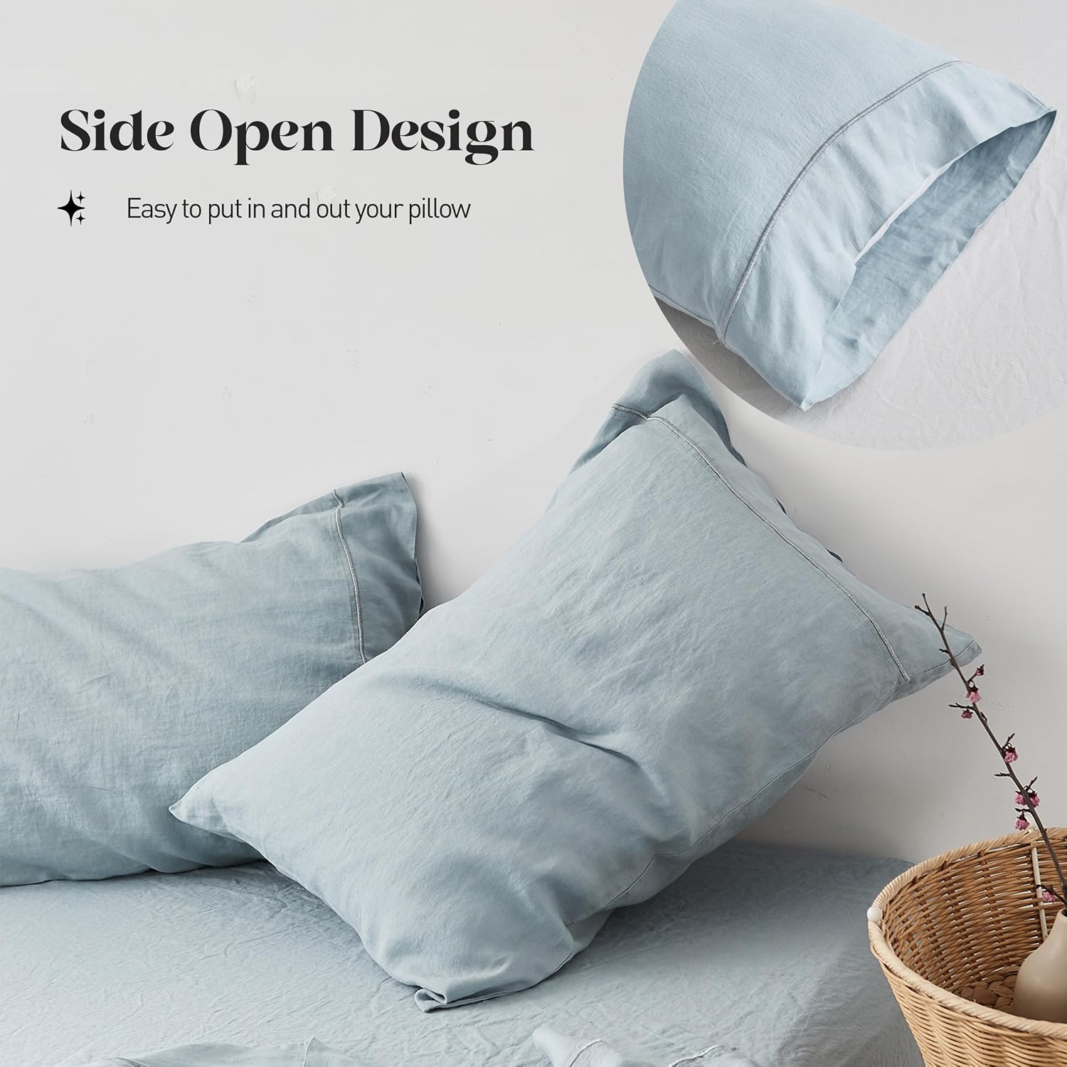 Simple&Opulence 100% Pure Linen Sheet Set Queen Size, Natural French Flax Solid Color 4 Pcs Washed Breathable, Farmhouse Bedding (1 Flat Sheet,1 Fitted Sheet,2 Pillowcases)-Embroidery Dusty Blue