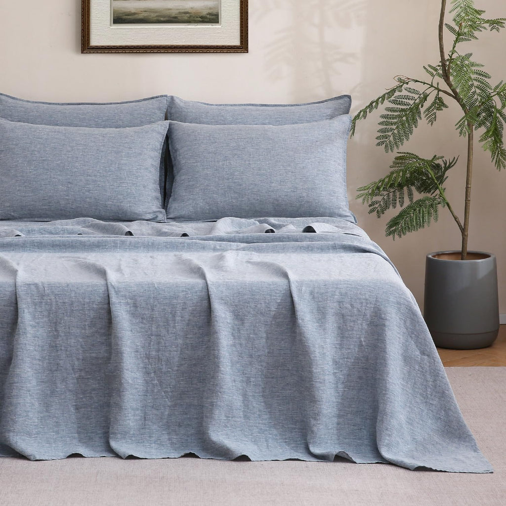 S VICTORY SYMBOL 100% Organic Linen Chambray Sheets Set King Size,Washed French Flax Bed Sheets 4 Pieces(2 Pillowcases,1 Fitted Sheet,1 Flat Sheet) 16inch Deep Pockt,Yarn Dyed Blue Denim