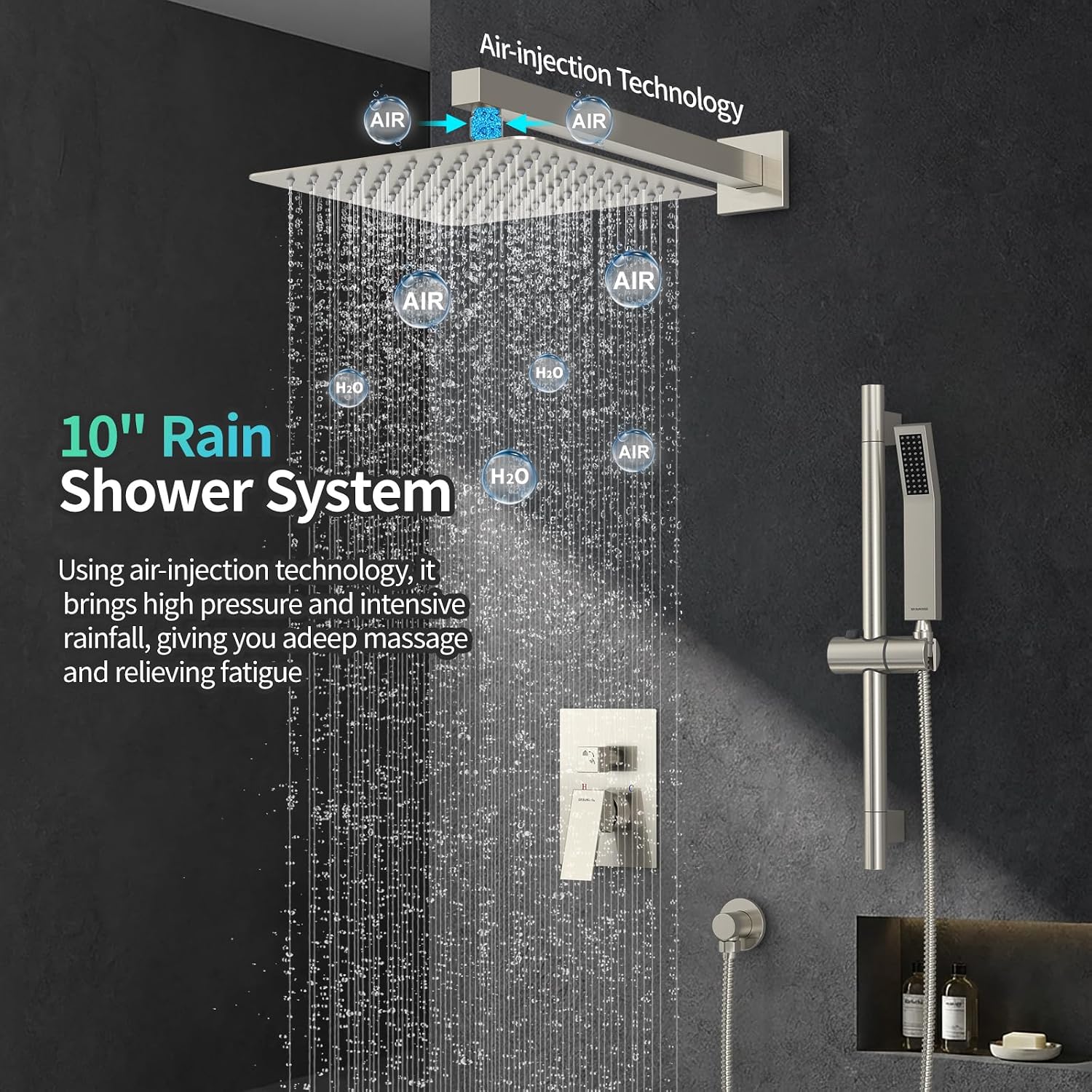 SR SUN RISE Shower System with 10' Rain Showerhead, Square Handheld Showerwith 16-Inch Slide Bar and 71-Inch Hose, Wall Mounted Shower Faucet Set Included Valve and Trim Kit, Brushed Nickel
