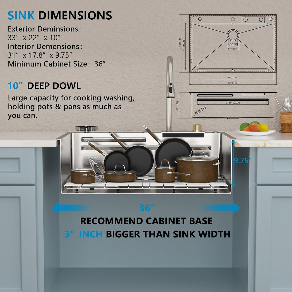 33'x22' Drop In Waterfall Kitchen Sink - 16 Gauge 304 Stainless Steel Top Mount Multifunctional Single Bowl Smart Workstation Waterfall Sink with Faucet Combo, Glass Rinser