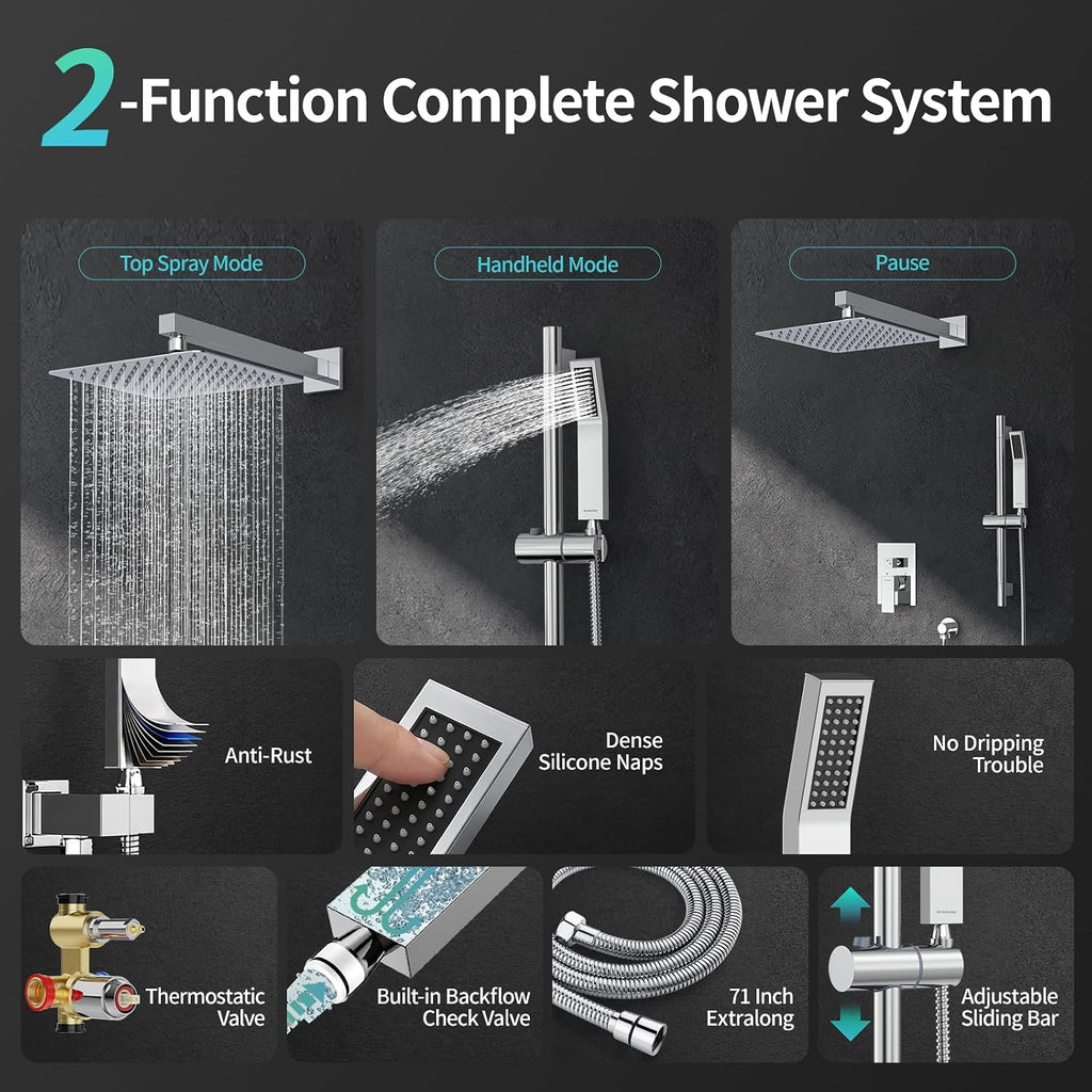 SR SUN RISE 10 Inch Square Shower Faucet, Adjustable 16-Inch Slide Bar Hand Held Shower with Hose, Square Rain Shower Head and Handheld Spray Included Valve and Shower Trim Kit, Polished Chrome