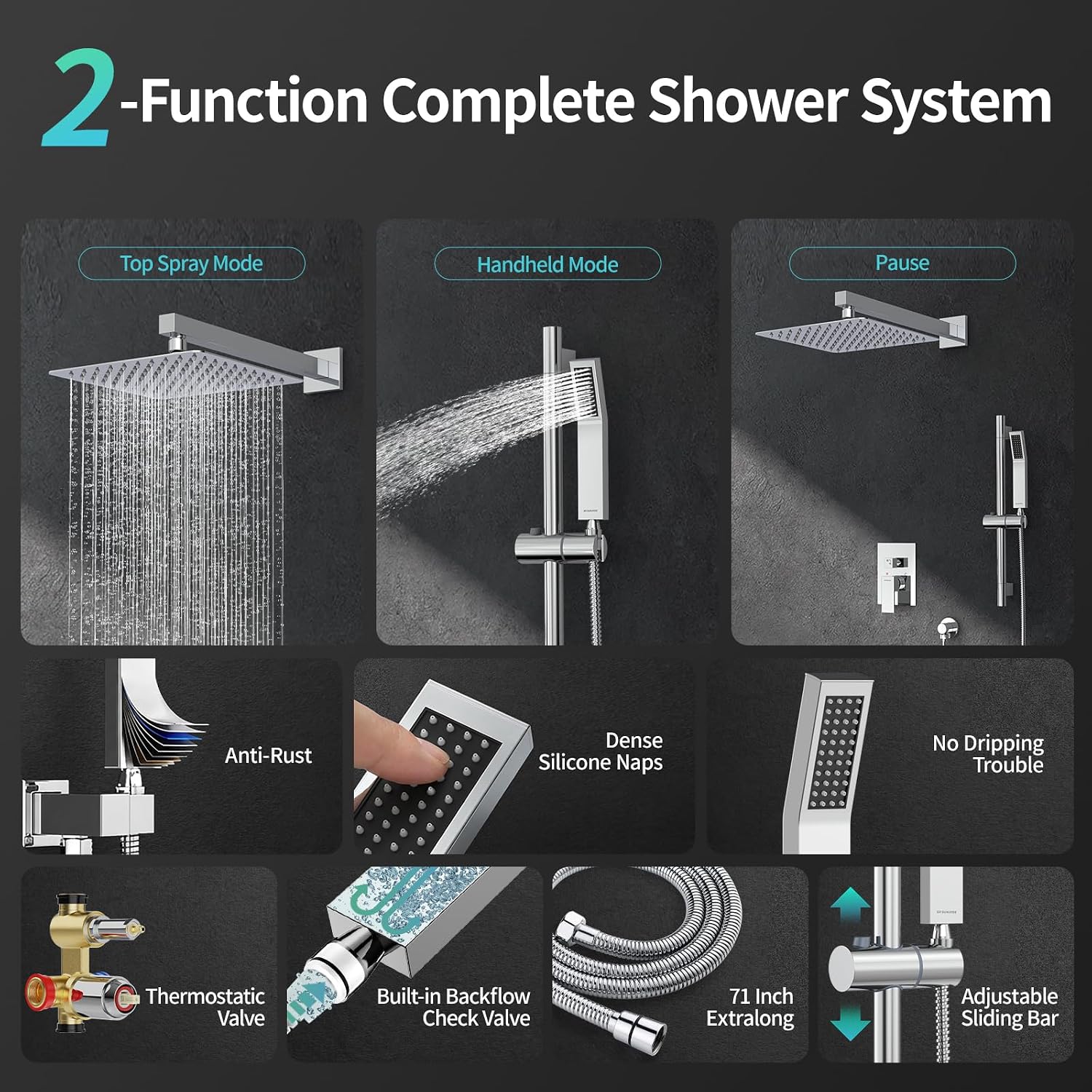 SR SUN RISE 10 Inch Square Shower Faucet, Adjustable 16-Inch Slide Bar Hand Held Shower with Hose, Square Rain Shower Head and Handheld Spray Included Valve and Shower Trim Kit, Polished Chrome