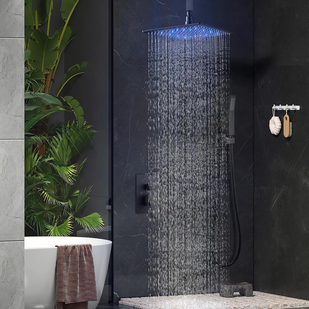 Aolemi Ceiling Mount Shower Faucet Set with Handheld Spray High Pressure Shower Faucets Sets Complete Rough-in Valve and Shower Trim Kit System Included Rainfall Matte Black 16 Inch LED Shower Head