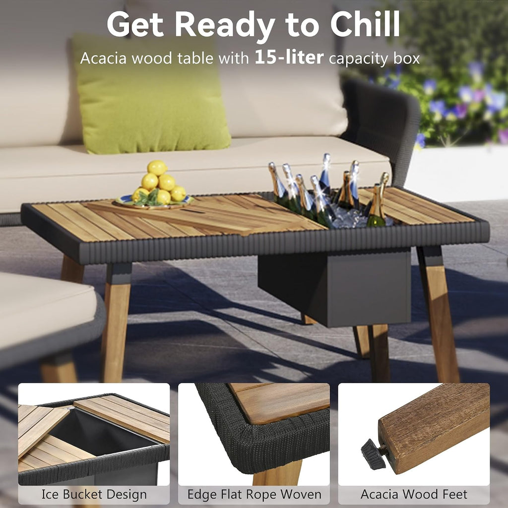 6-Piece Rope Patio Furniture Set, Outdoor Furniture With Acacia Wood Cool Bar Table With Ice Bucket , Deep Seat Patio Conversation Set With Two Stools For Backyard Porch Balcony (Black & Beige-001)