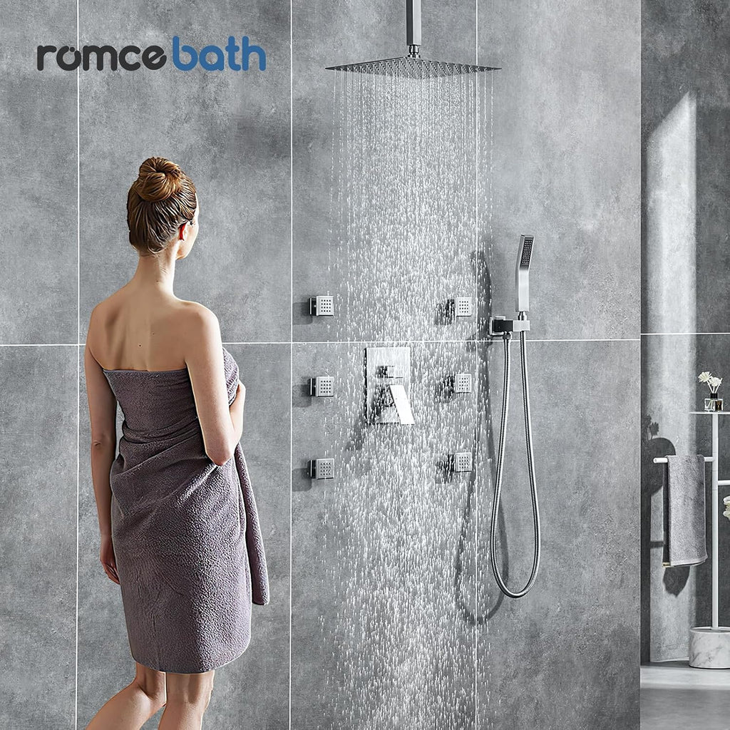 Rain Shower System With Complete 6 Pcs Body Sprays Jets And Pressured Balance Rough-in Valve,12Inch Rainfall Shower Head And Handheld, Modern Brushed Nickel Ceiling Mount Shower Faucet Sets
