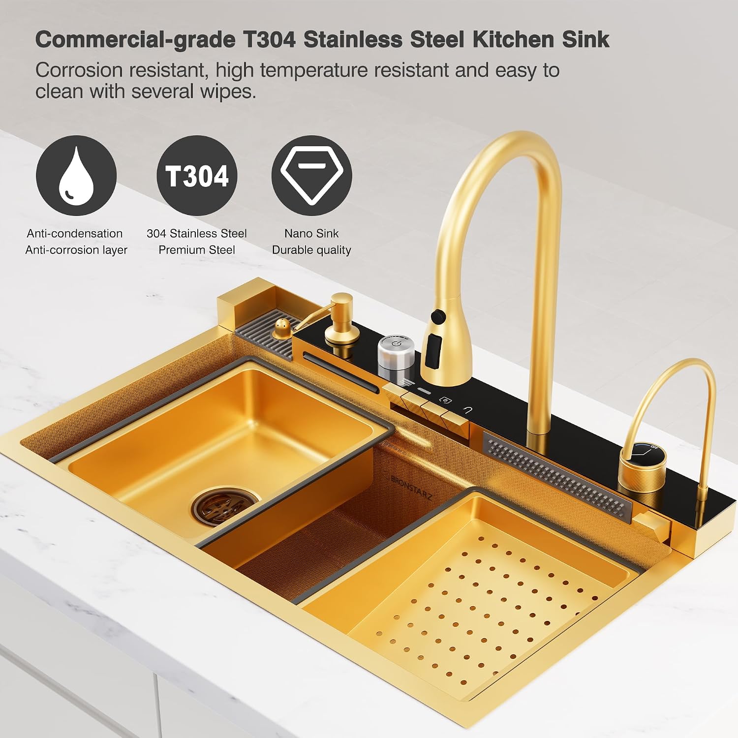 Digital Display Embossed Stainless Steel Nano Gold Waterfall Large Single Groove Kithchen Sink with Pressurized Cup Washer (33 X 22 Inch)