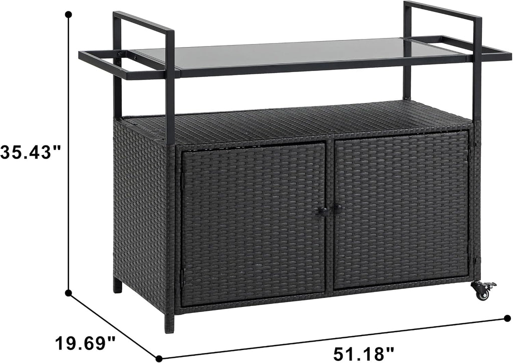 Outdoor Rattan Bar Cart, Rolling Wicker Bar Table with Tempered Glass Tabletop, Patio Wine Beverage Serving Cart with Wheels, Outdoor Storage Table for Porch, Backyard, Garden, Poolside, Black