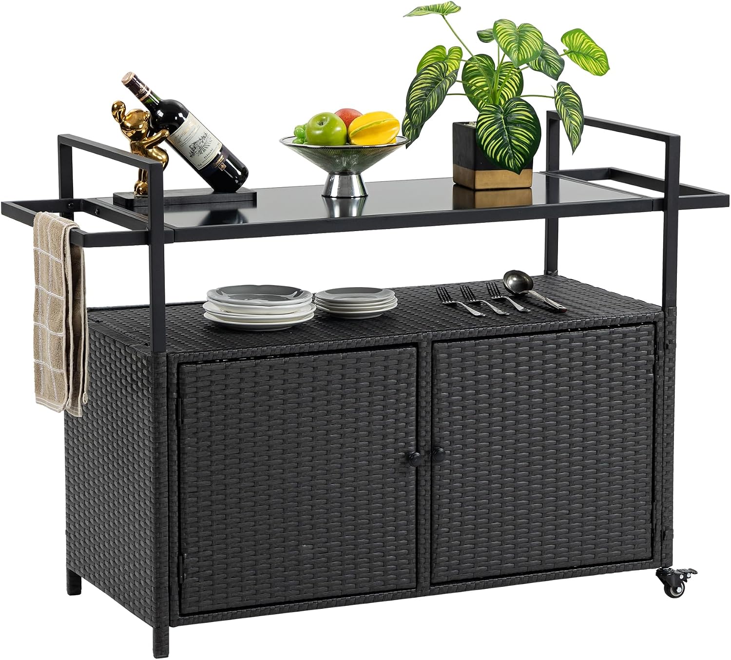 Outdoor Rattan Bar Cart, Rolling Wicker Bar Table with Tempered Glass Tabletop, Patio Wine Beverage Serving Cart with Wheels, Outdoor Storage Table for Porch, Backyard, Garden, Poolside, Black