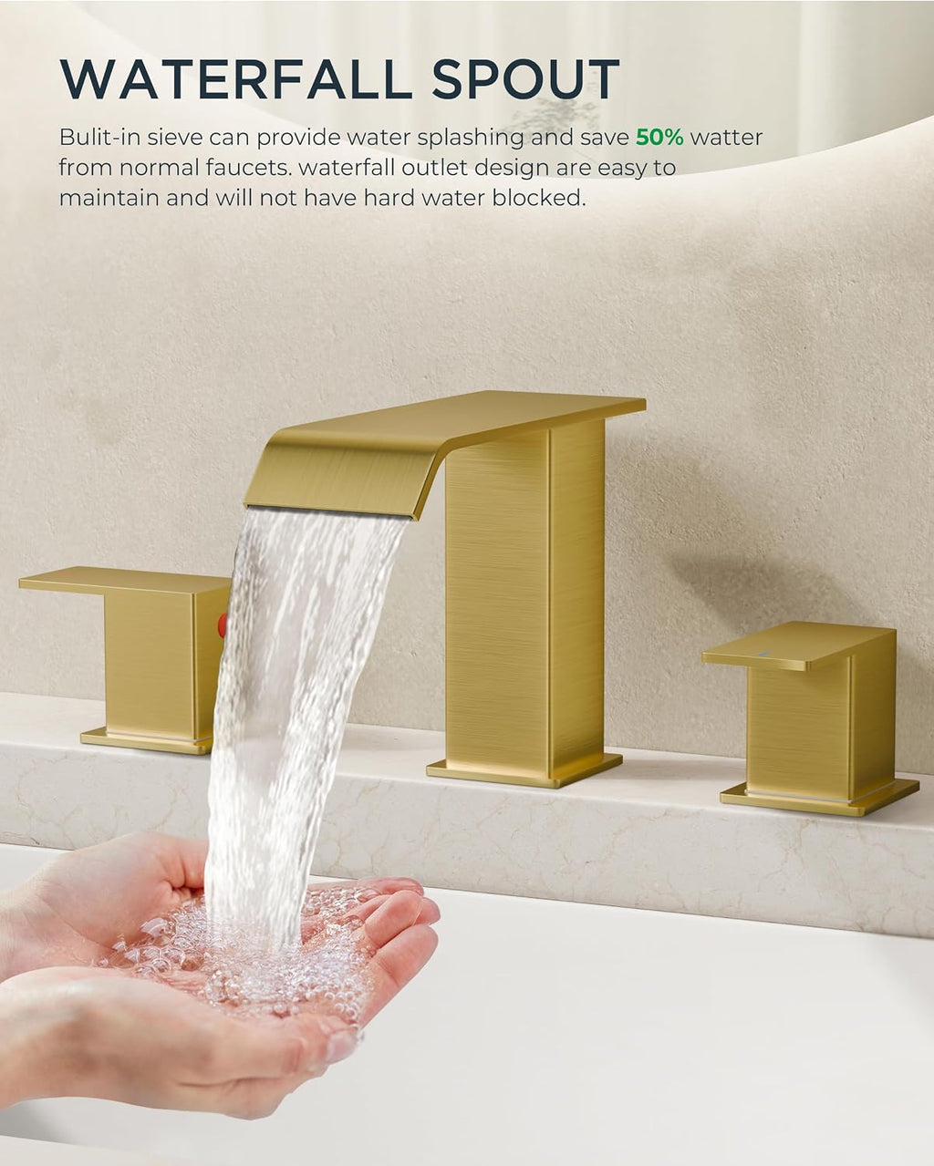 FORIOUS Brushed Gold Bathroom Sink Faucets 3 Hole Widespread, 2 Handles Bathroom Faucet with Pop-up Drain and Flexible Hot and Cold Water Hoses, Suitable for Vanity RV Restroom, 2 Pack