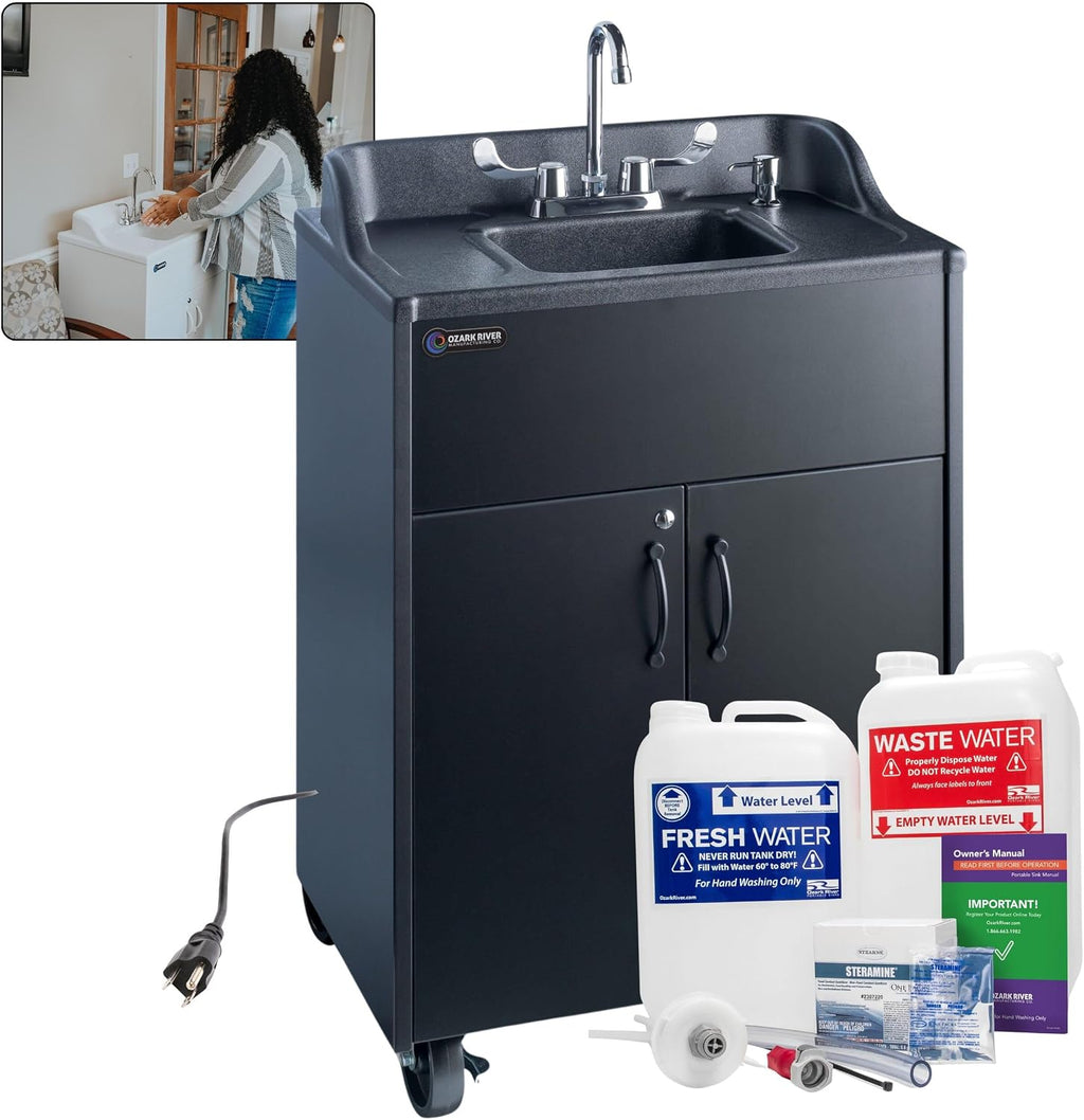 Ozark River Portable Sinks Premier Black & Clean Start Kit Bundle, Black Laminate-ABS, Portable Sink with Hot Water, Self-Contained Sink, Portable Hand Washing Station, 110V