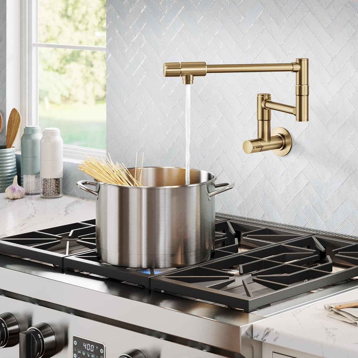 KRAUS Bolden Pot Filler Faucet with Retractable Arm, Wall Mount Kitchen Faucet, Pot Filler for Stove in Spot-Free Brushed Brass, KPF-5003SFBB