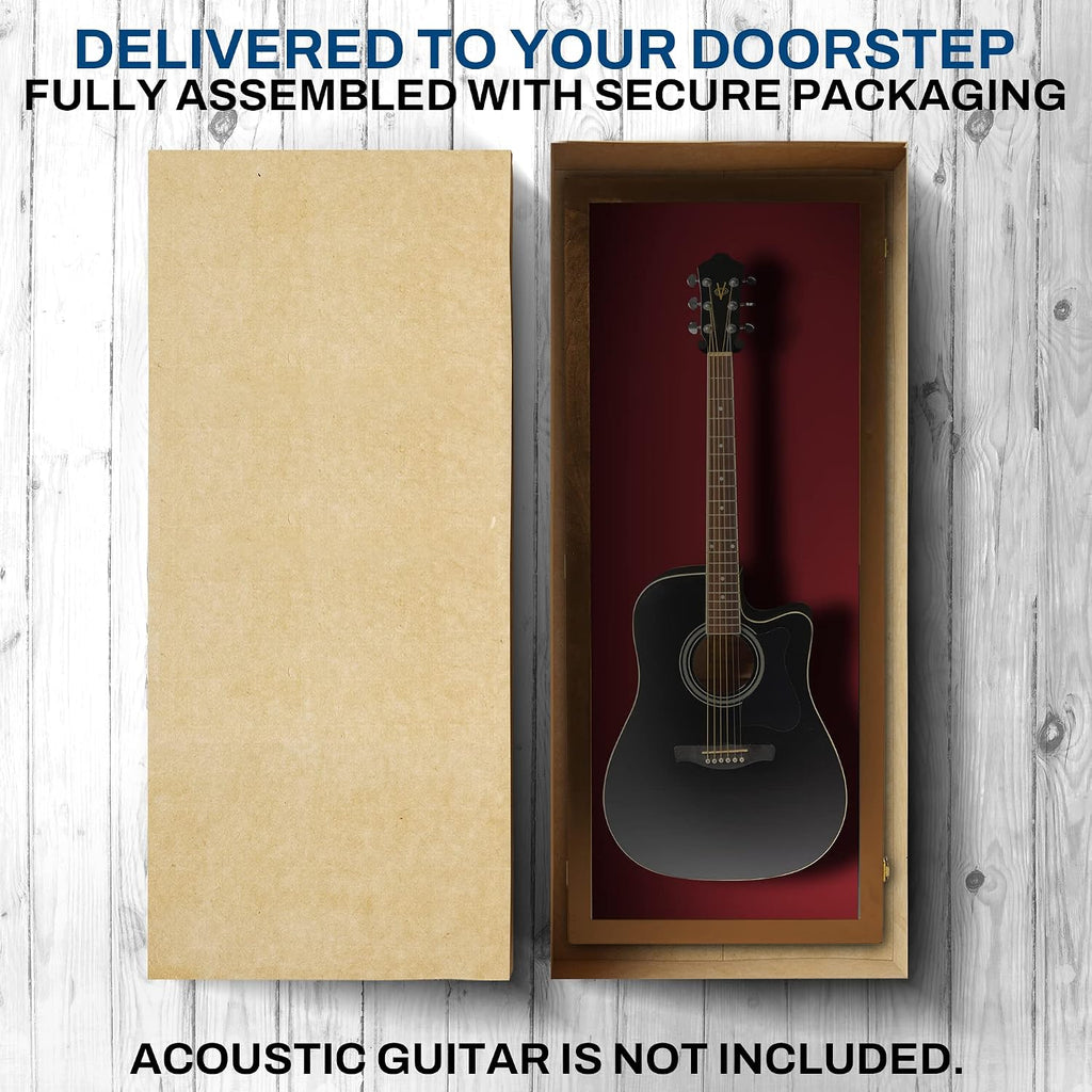 PENNZONI Acoustic Guitar Display Case - Acrylic Acoustic Guitar Case - Guitar Display Case Wall Mount Made from Hardwood Frame & Clear Acrylic - Walnut w/Red Felt