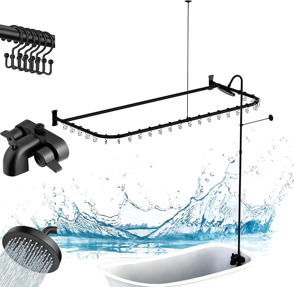 Clawfoot Tub Shower Kit,Add On Shower With Bathcock Diverter Faucet and 60' D Type Claw foot Tub Shower Curtain Rod Kit,D-Style Shower Rod and Clawfoot Tub Shower Faucet Set,Matte Black