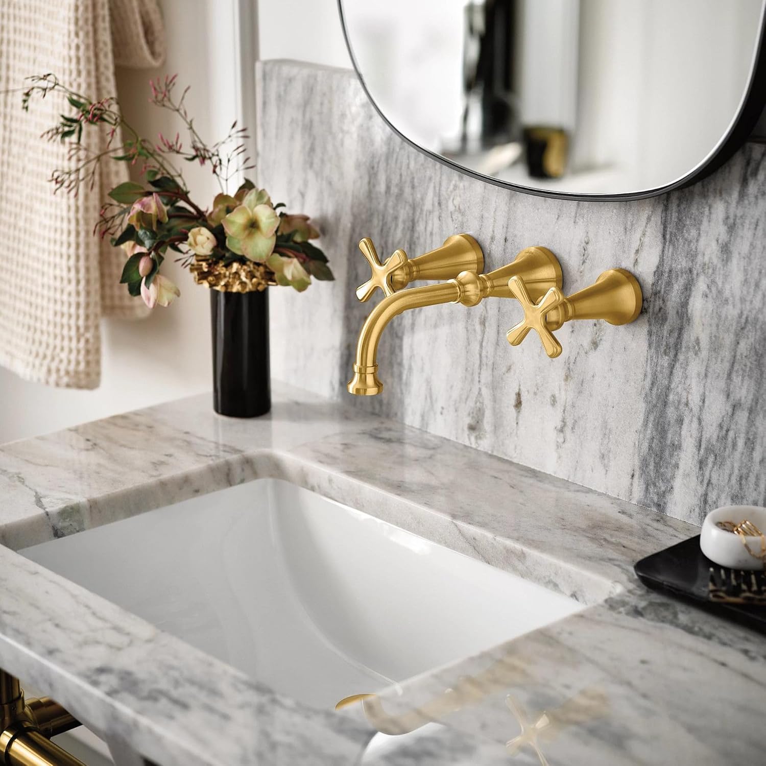 Moen Colinet Brushed Gold Traditional Cross Handle Wall Mount Bathroom Faucet Trim, Valve Required, TS44105BG