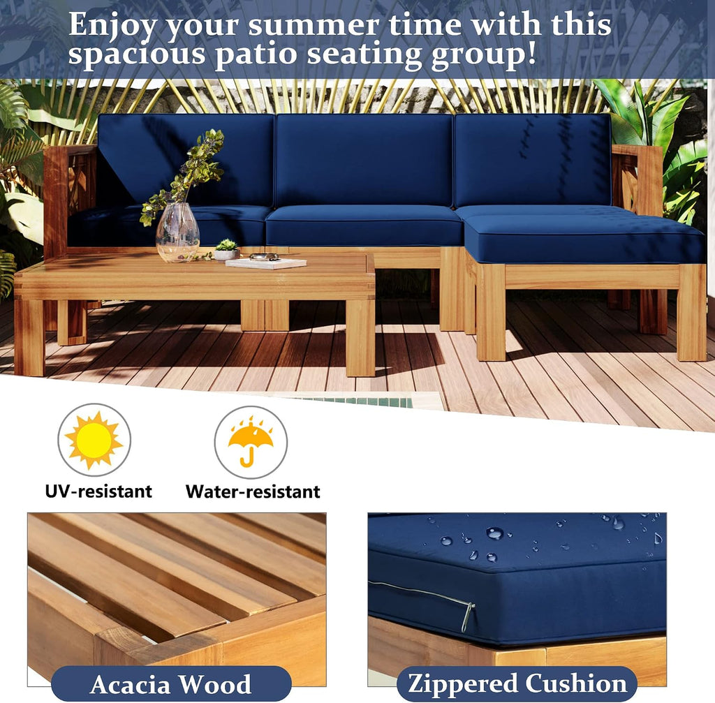 5-Piece Sectional Sofa Seating Group Set With Cushions,Outdoor Backyard Patio Wood Sectional Seating Group With Tea Table And Ottoman For Backyard,Garden,Poolside (Natural Finish+ Blue Cushions-01)