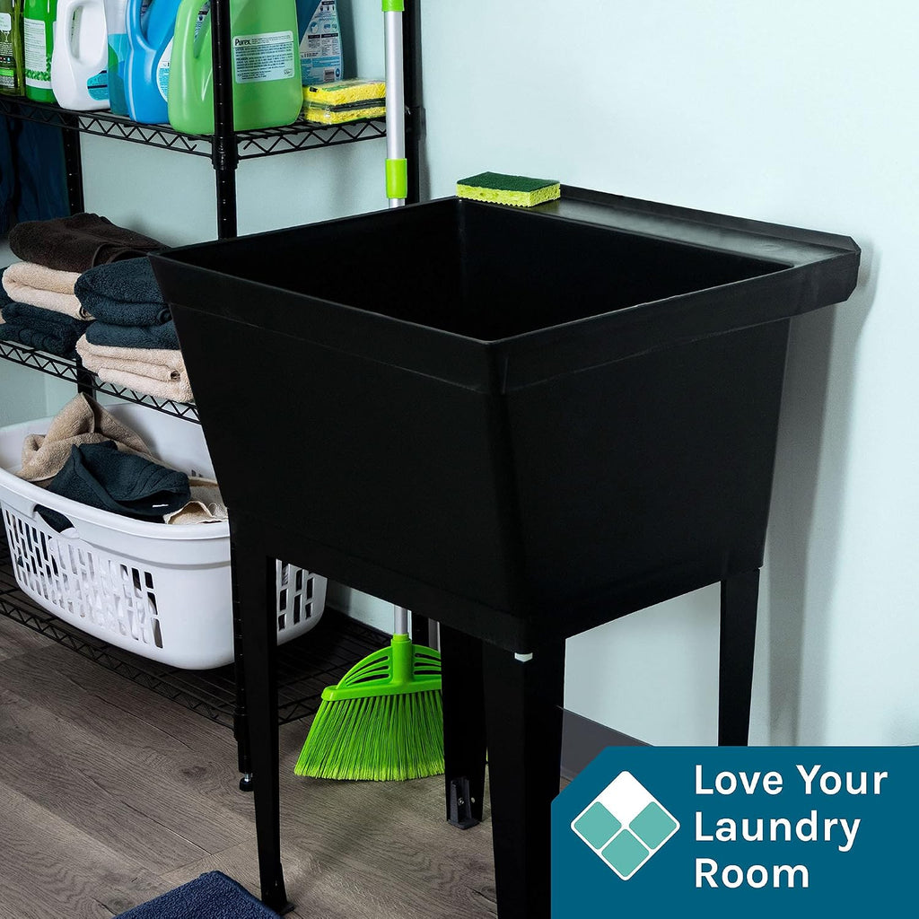 19 Gallon Utility Sink Laundry Tub by JS Jackson Supplies with Adjustable Metal Legs, Ideal for Laundry room, Basement, or Garage Workshop. Heavy Duty Shop Sink. No Faucet Included (Black)