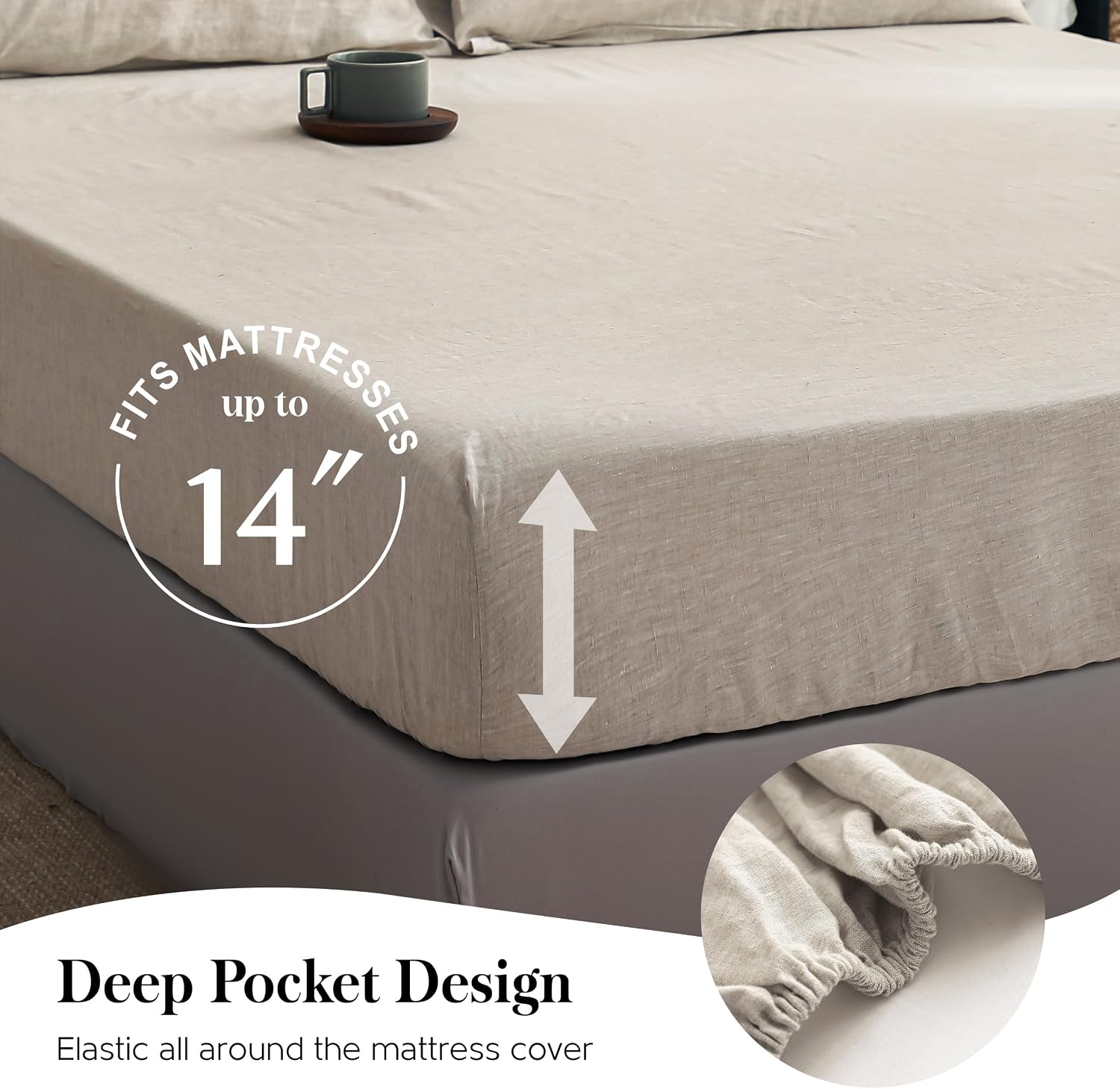 Simple&Opulence 100% Pure Linen Sheet Set Twin Size, Natural French Flax Solid Color 3 Pcs Washed Breathable, Farmhouse Bedding (1 Flat Sheet,1 Fitted Sheet,1 Pillowcase)-Embroidery Linen