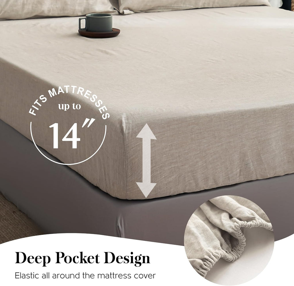 Simple&Opulence 100% Pure Linen Sheet Set Full Size, Natural French Flax Solid Color 4 Pcs Washed Breathable, Farmhouse Bedding (1 Flat Sheet,1 Fitted Sheet,2 Pillowcases)-Embroidery Linen