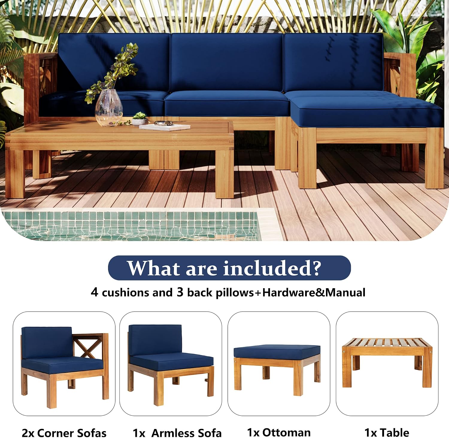 5-Piece Sectional Sofa Seating Group Set With Cushions,Outdoor Backyard Patio Wood Sectional Seating Group With Tea Table And Ottoman For Backyard,Garden,Poolside (Natural Finish+ Blue Cushions-01)