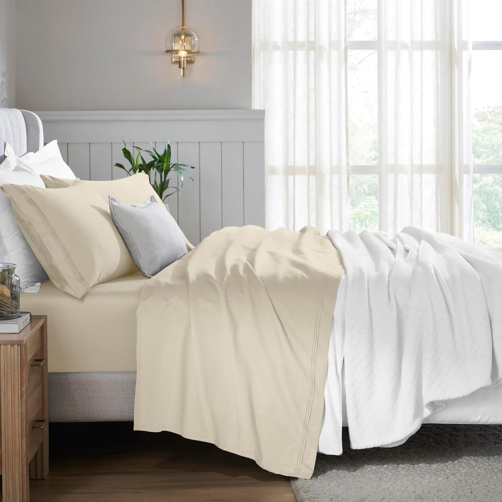 Superior Egyptian Cotton 4 Piece Sheet Set, 650 Thread Count, Modern Design, Sustainable Sheets, Ultra-Soft Basics, Solid, Deep Pocket Fitted Sheet, Flat Sheet, Pillowcases, California King, Ivory