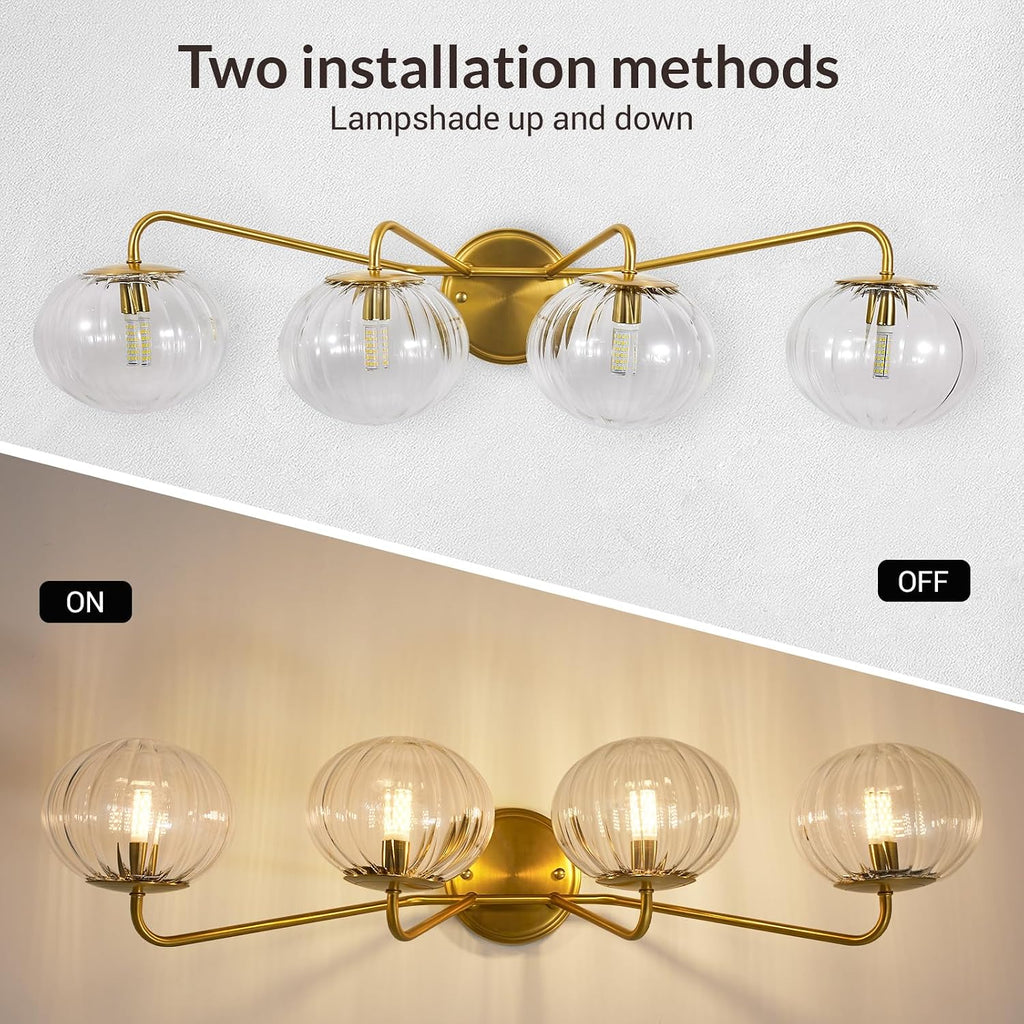 ANDY STAR Bathroom Vanity Light 4 Light, Brushed Gold Bathroom Light Fixtures with Clear Pumpkin-Ribbed Glass Globe Shade, Brass Vintage Striped Wall Lights for Vanity, G9 Base (No Bulbs)