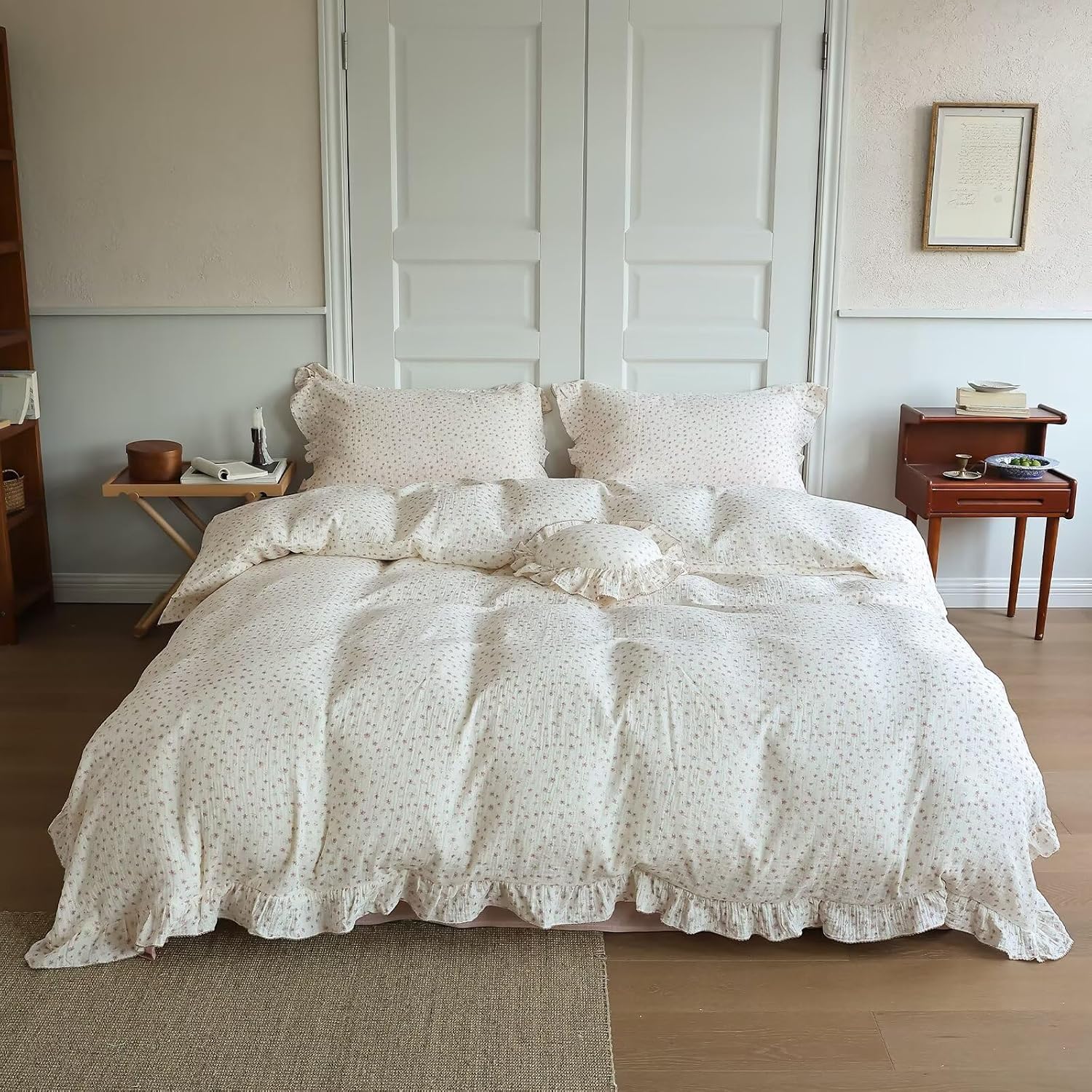 BuLuTu Pink Floral Duvet Cover King with Ruffles, 2-Layer Cotton Muslin Bedding Set Soft Breathable Comforter Cover, Shabby Chic Princess Quilt Cover with 2 Pillowcases