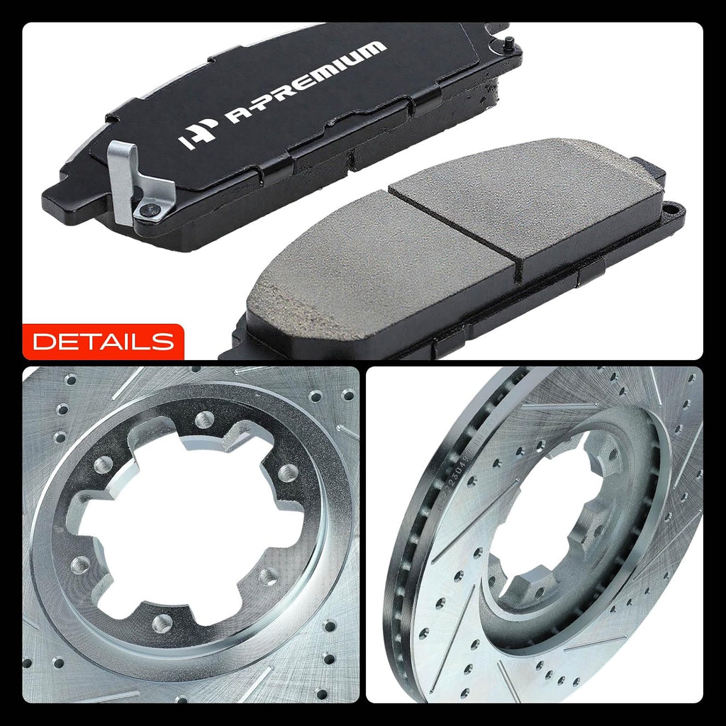 A-Premium 11.81 in (300.00 mm) Front Drilled and Slotted Disc Brake Rotors + Ceramic Pads Kit Compatible with Select Nissan & Infiniti Models - Pathfinder 1998-2004, QX4 1998-2003, 6-PC Set