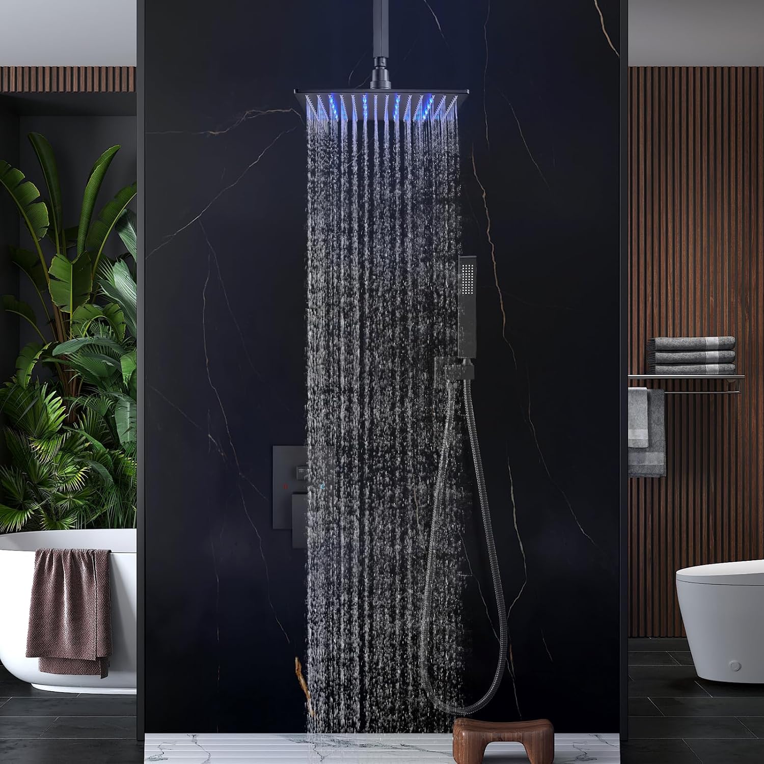 Aolemi Ceiling Mount Shower Faucet Set with Handheld Spray High Pressure Shower Faucets Sets Complete Rough-in Valve and Shower Trim Kit System Included Rainfall Matte Black 16 Inch LED Shower Head