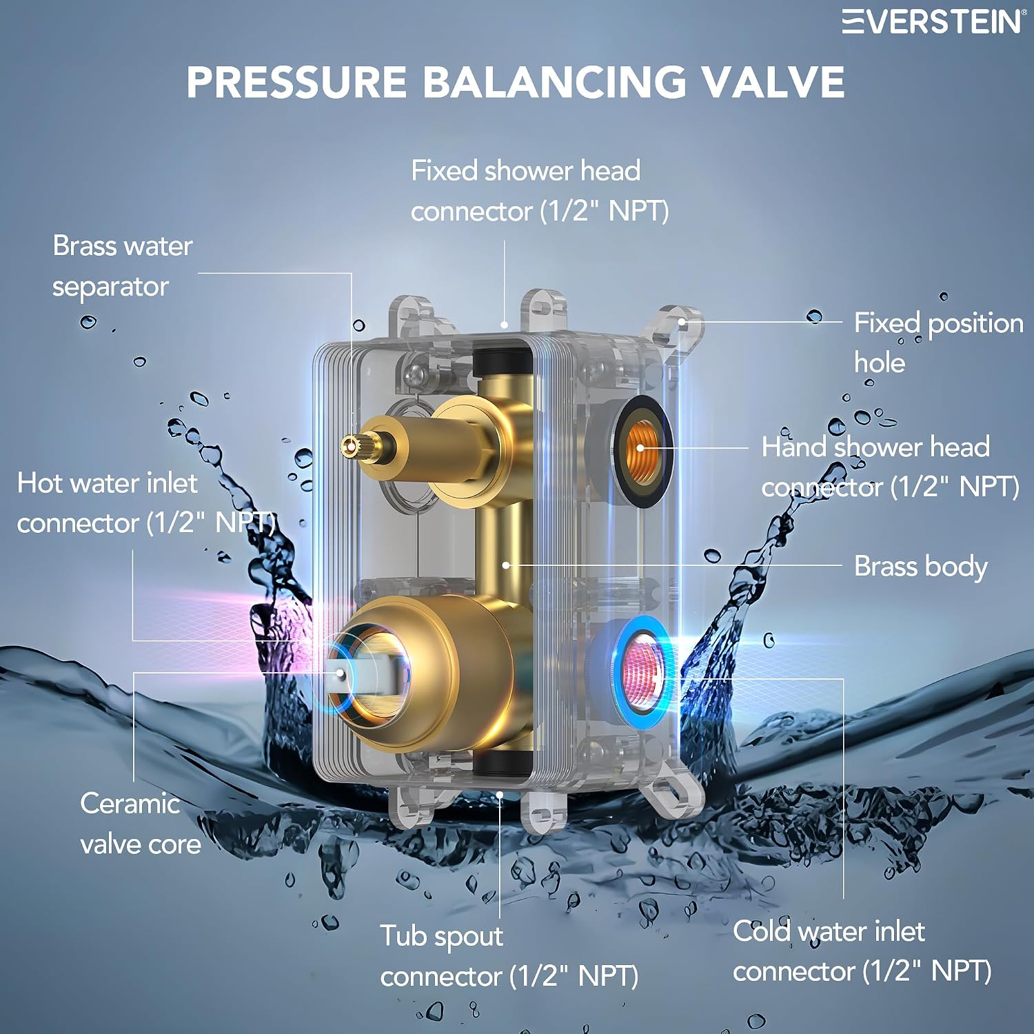 10' High-Pressure Rainfall Shower System with Handheld Spray, Wall Mount Bathroom Shower Faucet Set with Tub Spout, Brushed Gold (Valve Included)