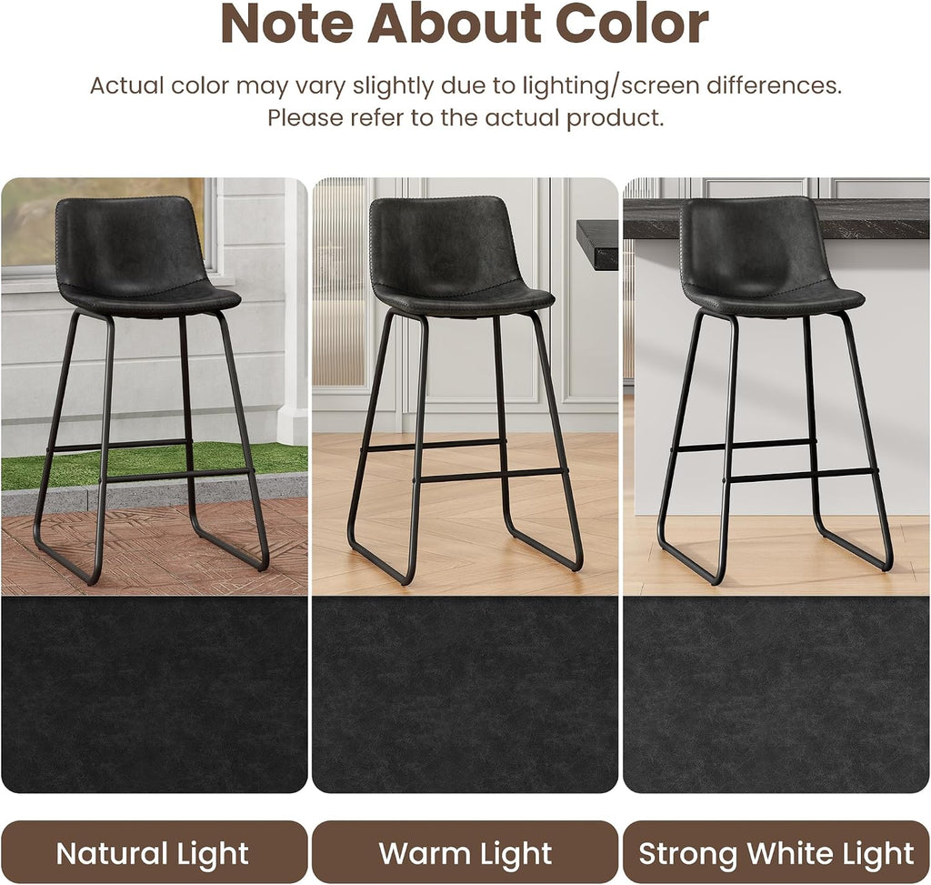 REONEY Bar Stools Set of 4, Faux Leather Counter Height Stools, 26' Modern Barstools with Metal Legs and Footrest, Urban Armless Counter Chairs with Back for Kitchen Island (Black)