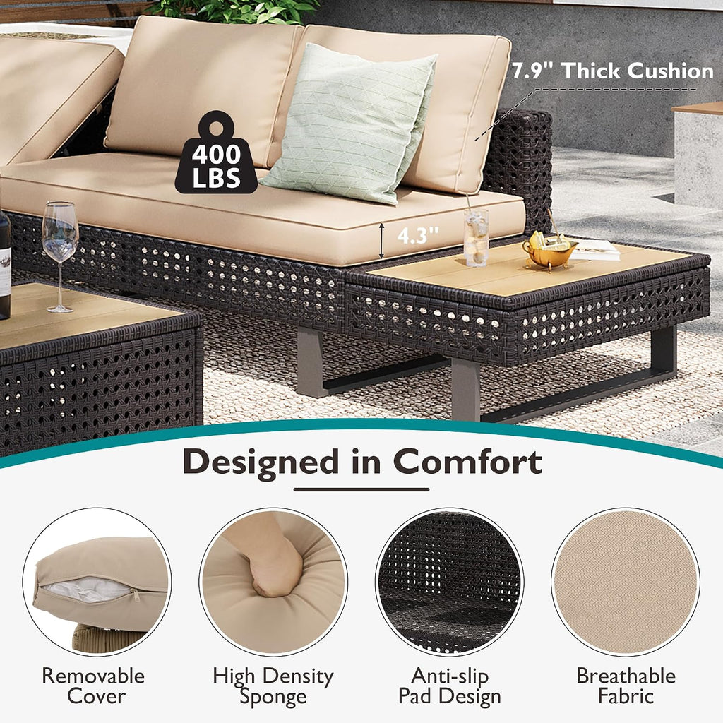 Boho Patio Furniture Set with Small Outdoor Table, Patio Bar Set w/Sillas para Balcon, Sillas para Patio Exterior, Adjustable Backrest, Ice Bucket Table, All-Weather Wicker (Khaki+Brown)