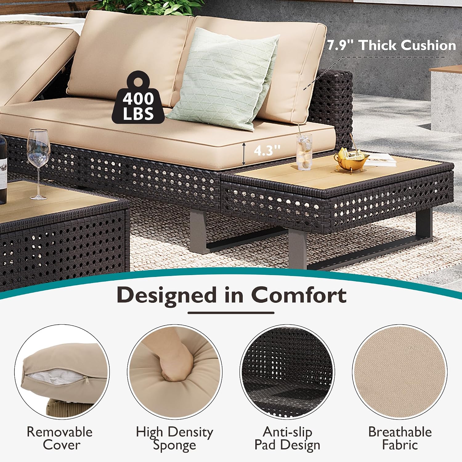 Boho Patio Furniture Set with Small Outdoor Table, Patio Bar Set w/Sillas para Balcon, Sillas para Patio Exterior, Adjustable Backrest, Ice Bucket Table, All-Weather Wicker (Khaki+Brown)