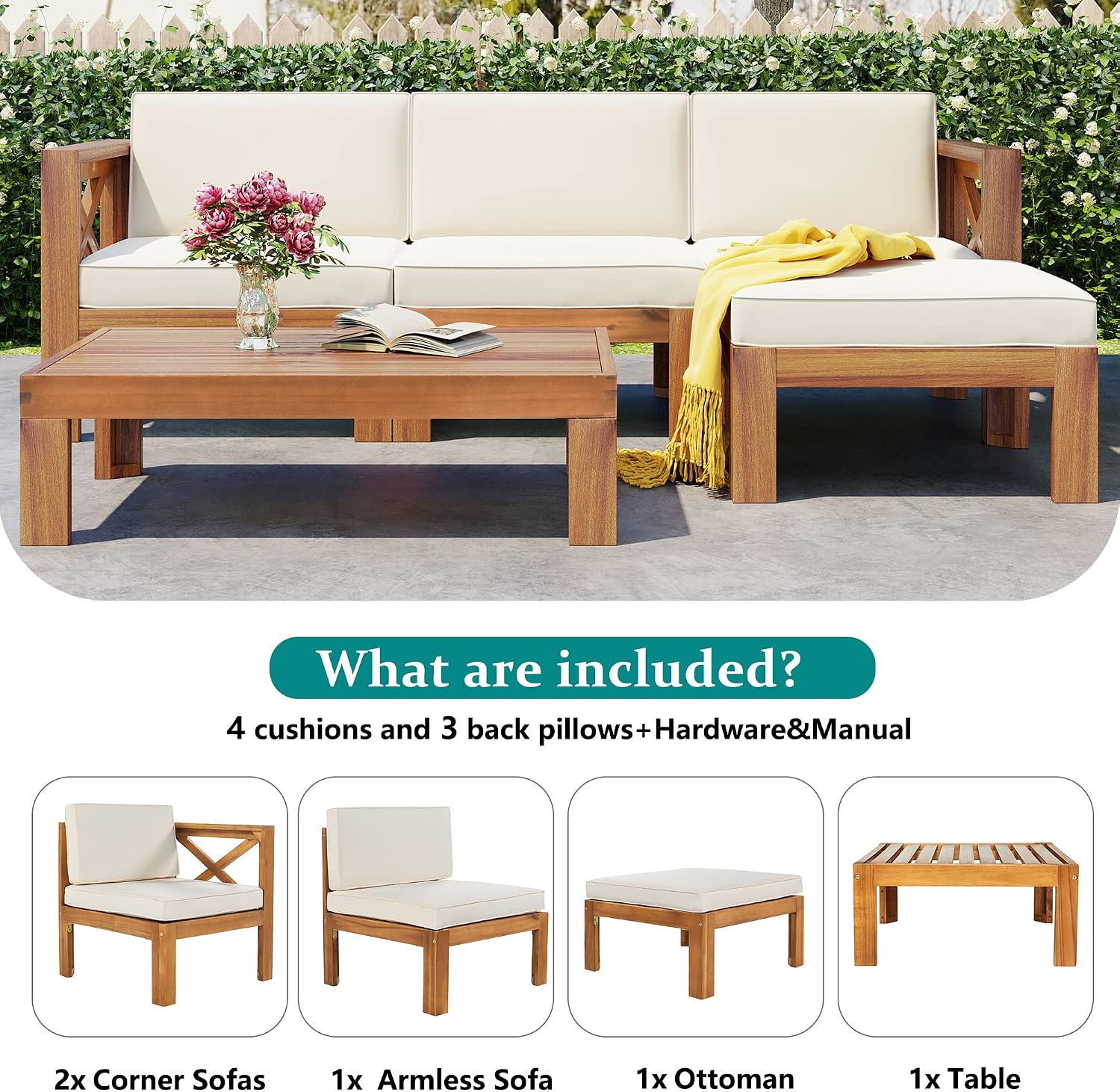 5-Piece Sectional Sofa Seating Group Set With Cushions,Outdoor Backyard Patio Wood Sectional Seating Group With Tea Table And Ottoman For Backyard,Garden,Poolside (Natural Finish+ Beige Cushions-01)