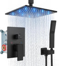 Aolemi Ceiling Mount Shower Faucet Set with Handheld Spray High Pressure Shower Faucets Sets Complete Rough-in Valve and Shower Trim Kit System Included Rainfall Matte Black 10 Inch LED Shower Head