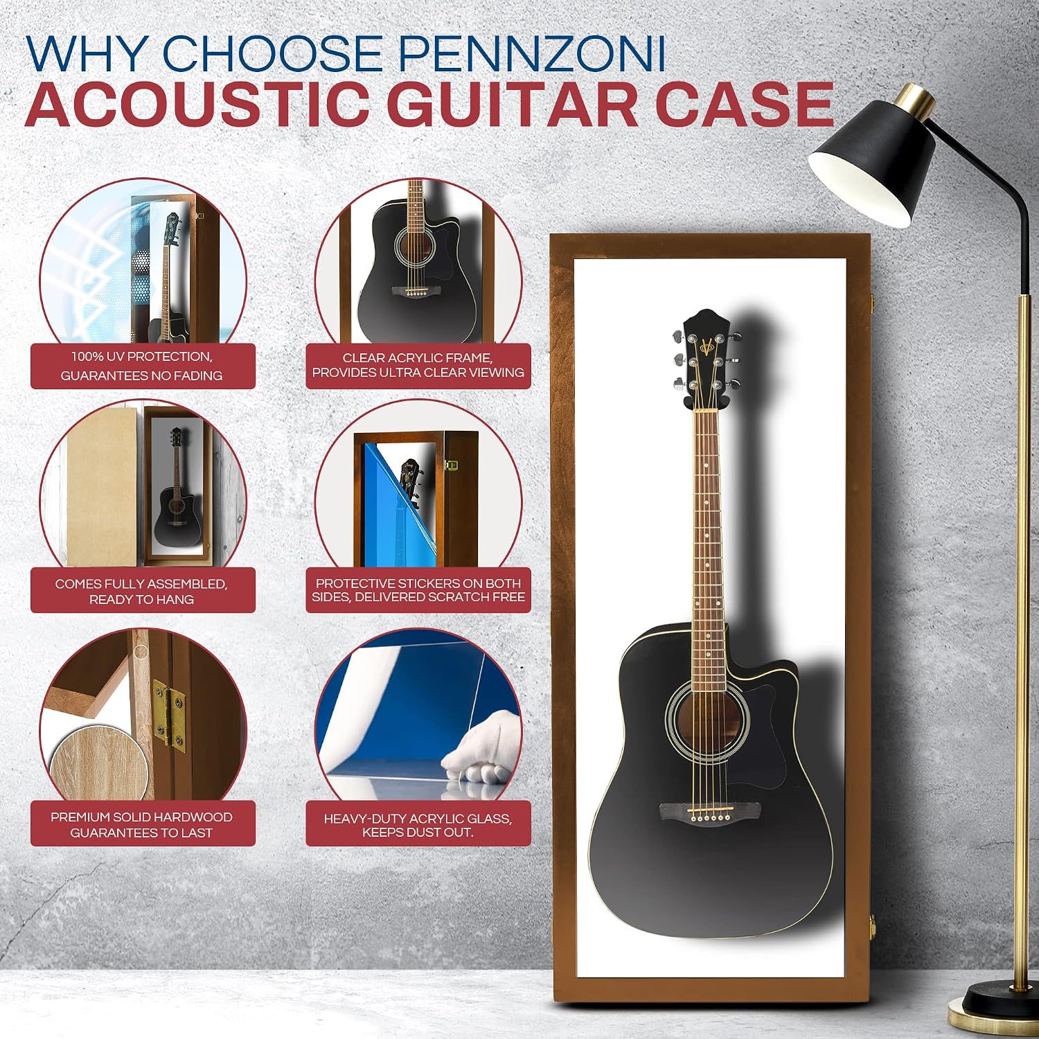 PENNZONI Acoustic Guitar Display Case - Acrylic Acoustic Guitar Case - Guitar Display Case Wall Mount Made from Hardwood Frame & Clear Acrylic - Walnut w/Felt White