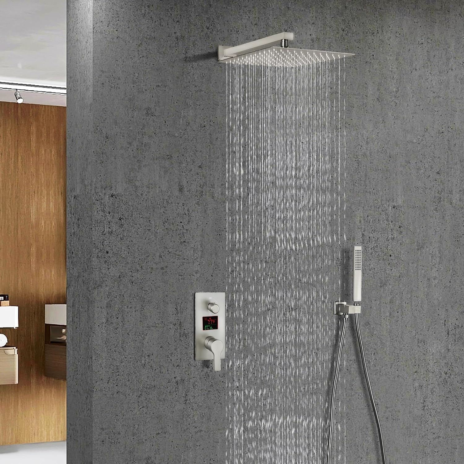 SKWOLL Shower Faucet Sets with Hydro Power Temperature Display, Brushed Nickel 12 Inch Shower Head Combo Kit, 2 Function Wall Mounted Shower Fixtures with Digital Shower Valve