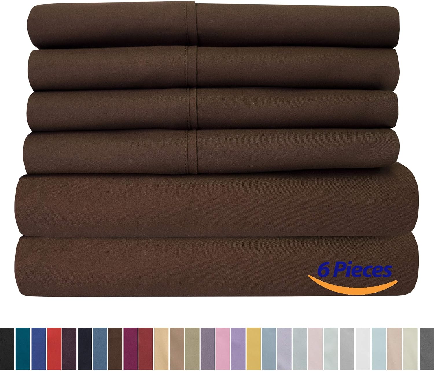 Sweet Home Collection Cal King Size Bed Sheets - 6 Piece 1500 Thread Count Fine Brushed Microfiber Deep Pocket Set - Extra Pillow Cases, Great Value, California King Size, Brown (Pack of 6)