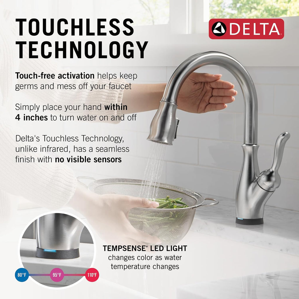Delta Leland Touchless Kitchen Faucet with Touch Technology, Brushed Nickel Kitchen Sink Faucet with Pull Down Sprayer, Single Hole, Arctic Stainless 9178TL-AR-DST