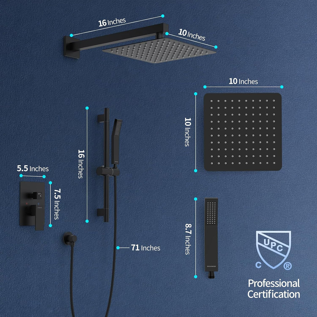 SR SUN RISE 10 Inch Slide Bar Shower Faucet Luxury High Pressure Shower Heads and Handheld Spray Combo Set Wall Mounted Shower System Included Valve and Trim Kit, Matte Black