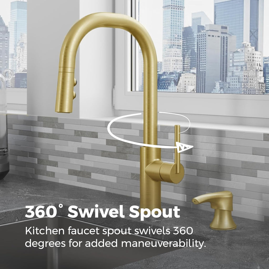 Pfister Zanna Kitchen Faucet with Pull Down Sprayer and Soap Dispenser, Single Handle, High Arc, NSF Certified, Brushed Gold Finish, F5297ZNRBG