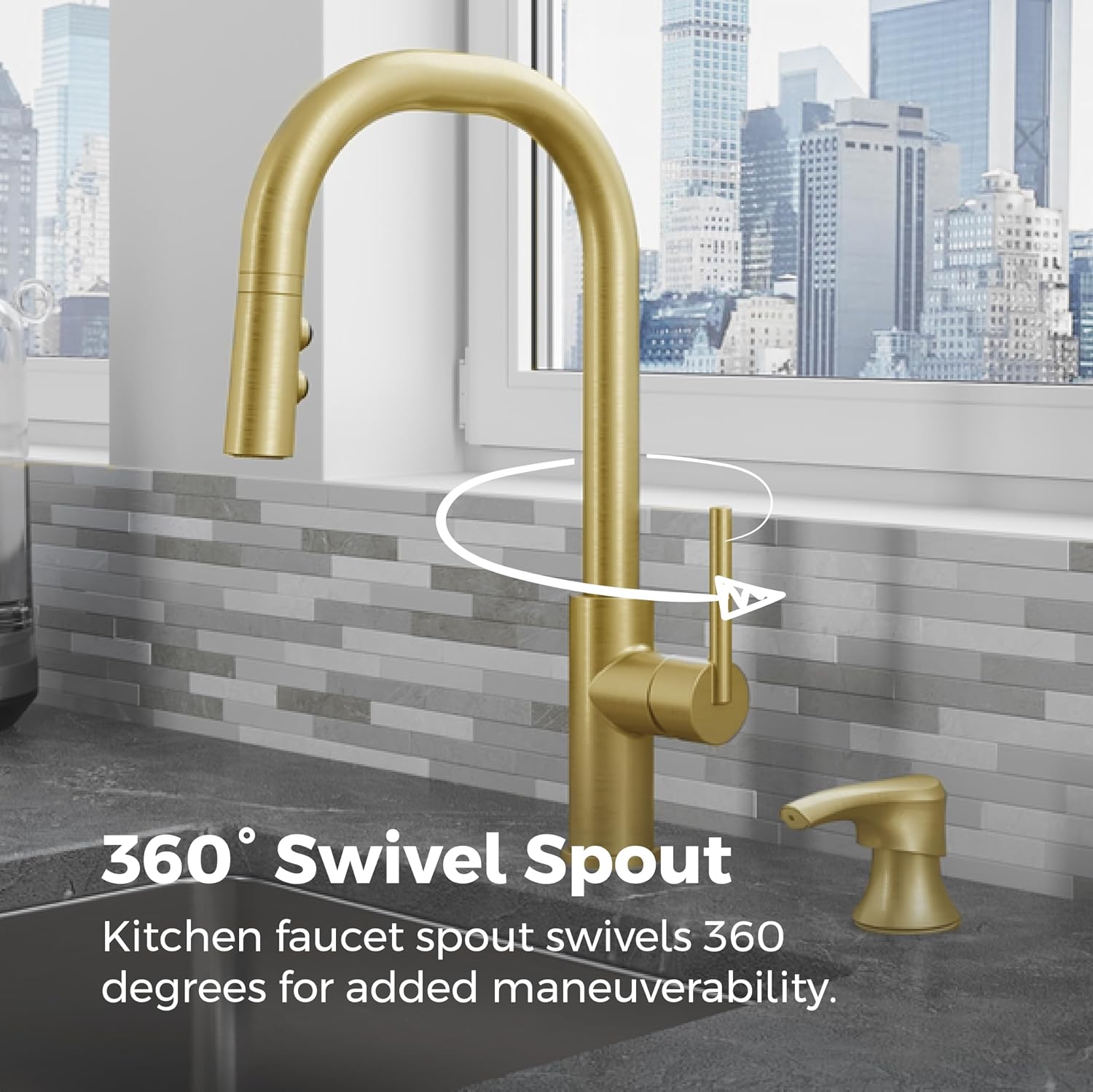 Pfister Zanna Kitchen Faucet with Pull Down Sprayer and Soap Dispenser, Single Handle, High Arc, NSF Certified, Brushed Gold Finish, F5297ZNRBG