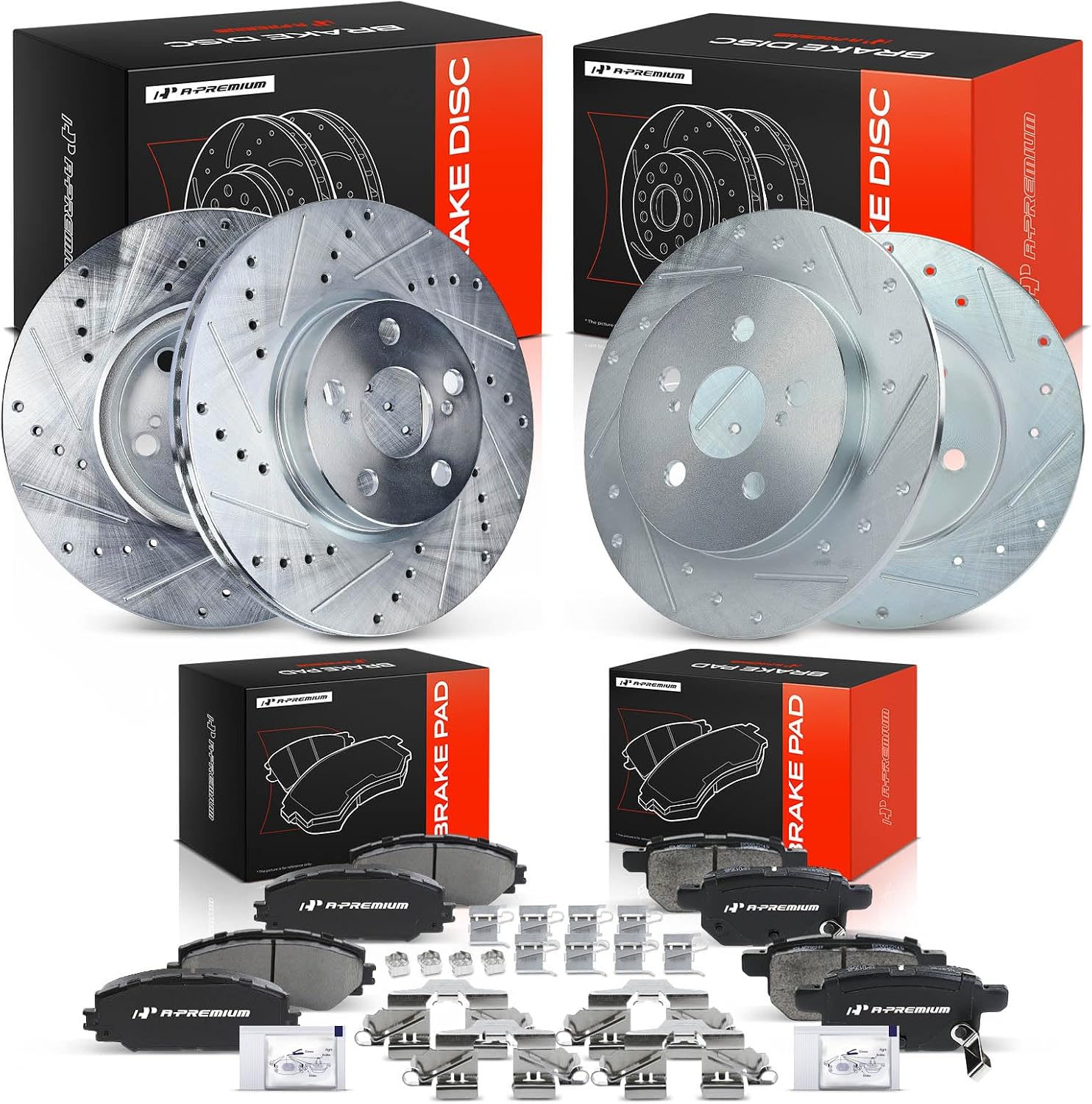 A-Premium Front and Rear Drilled and Slotted Disc Brake Rotors + Ceramic Pads Kit Compatible with Select Pontiac and Toyota Models - Vibe 2009-2010, Corolla 2009-2019, Matrix 2009-2014, 12-PC Set