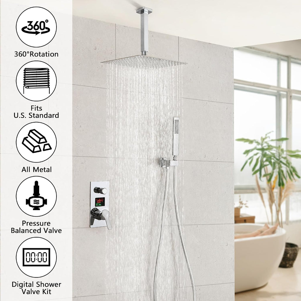 SKWOLL Shower Faucets Sets Complete Polished Chrome, 12 Inch Rainfall Shower Head with Handheld, 2 Function Ceiling Mount Shower Head System with Digital Display Shower Valve Kit
