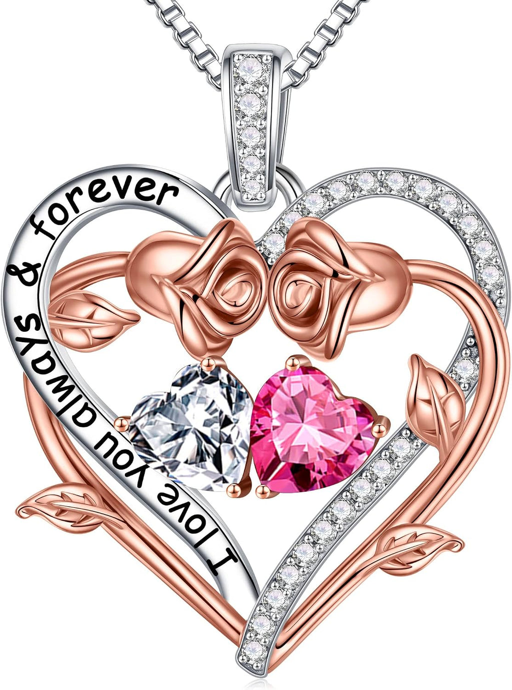 Iefil Rose Heart Double Birthstone Necklace Gifts for Wife Girlfriend Her Women, Birthstone Jewelry Gemstone Birthday Gifts for Mom Grandma Her Wife Women