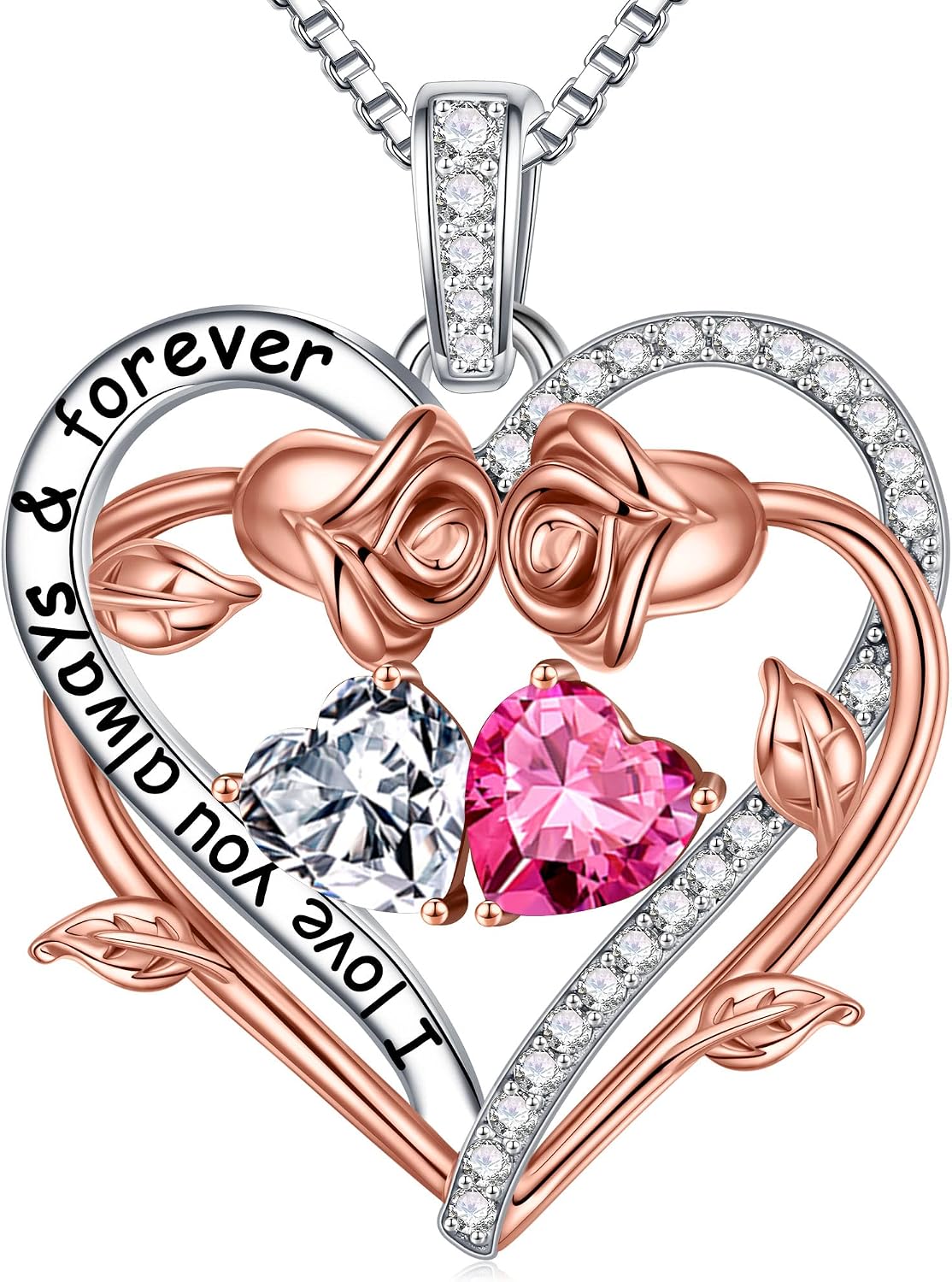Iefil Rose Heart Double Birthstone Necklace Gifts for Wife Girlfriend Her Women, Birthstone Jewelry Gemstone Birthday Gifts for Mom Grandma Her Wife Women