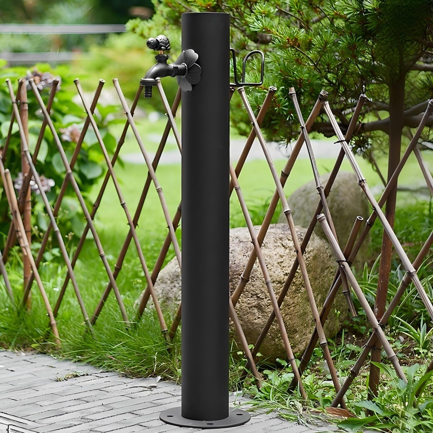 304 Stainless Steel Cylindrical Vertical Garden Water Column with 7.5m ﻿Spray Gun and Stainless Steel Inner Tube，Outdoor Faucet Water Dispenser Hydrant(Black-5,86cm/33in)